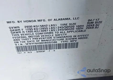 2017 Honda Pilot Elite z USA, uszkodzony, nr VIN 5FNYF6H00HB032386